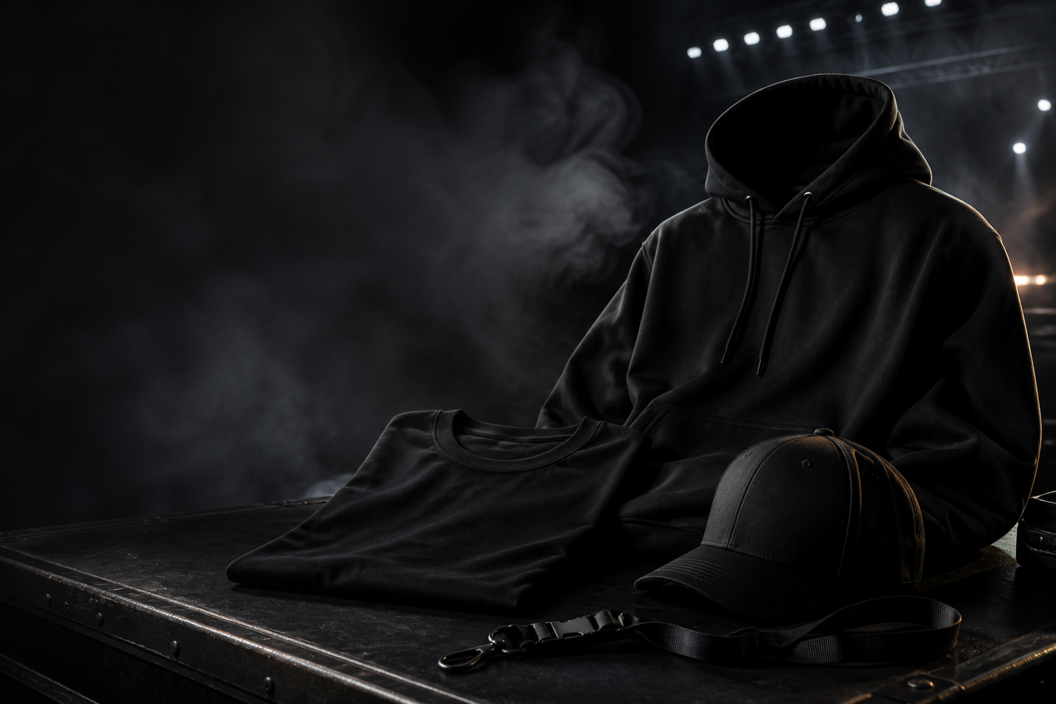 Černý WOF merch připravený v backstage